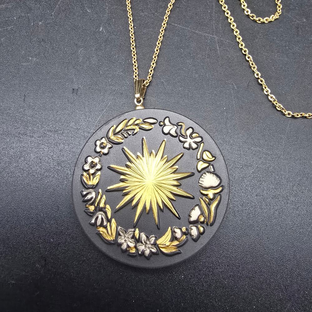 Franklin Mint Midnight Sun Pendant Necklace Damascene Black Sun